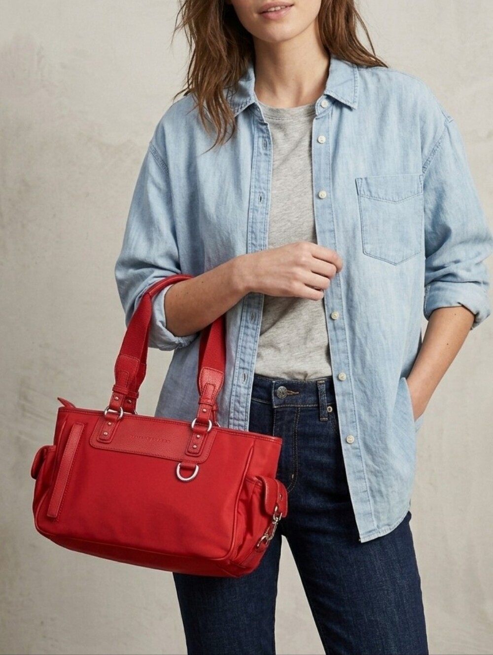 Tommy Hilfiger Red Canvas & Leather Shoulder Satchel Bag